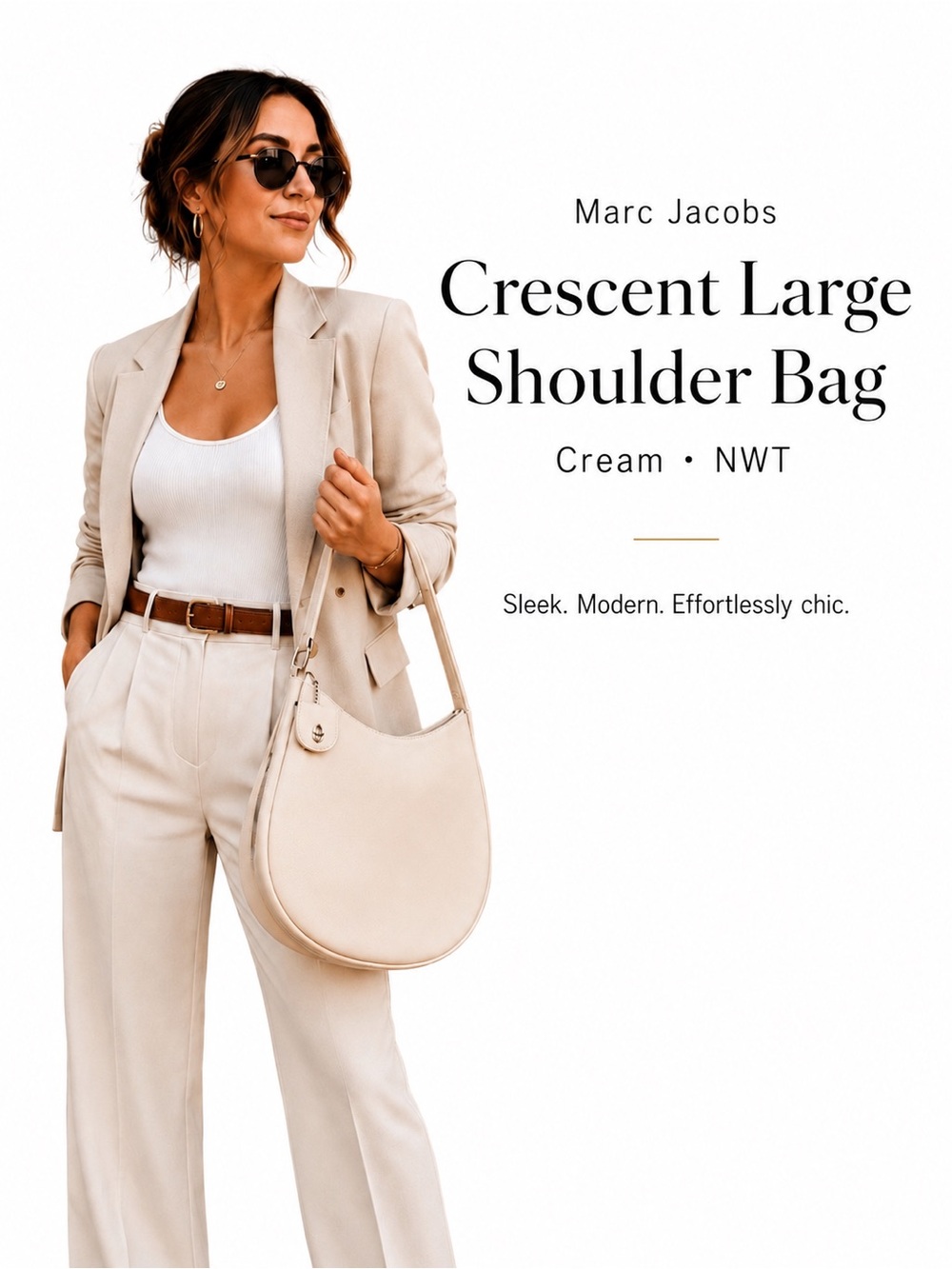 Marc Jacobs The Crescent Large Leather Shoulder Bag Cream NWT Removable Pouch